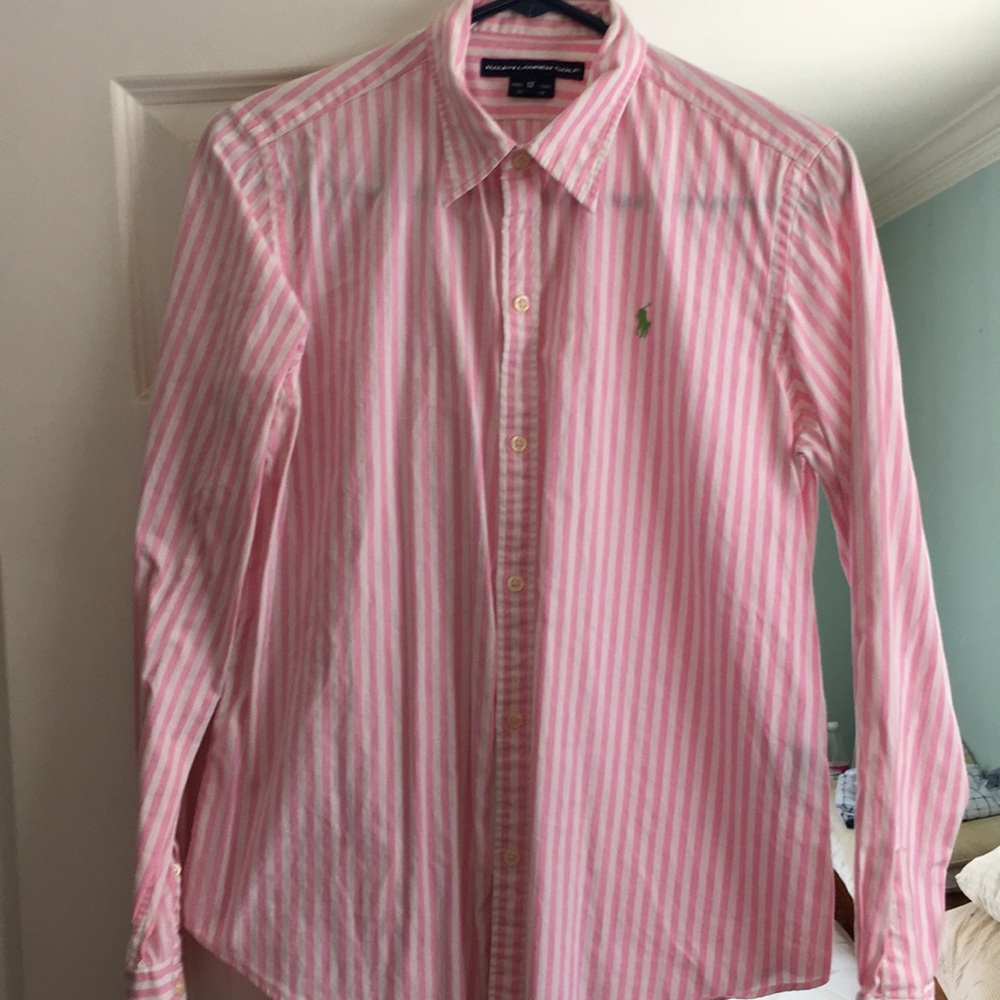 Ralph Lauren pink striped long sleeve blouse